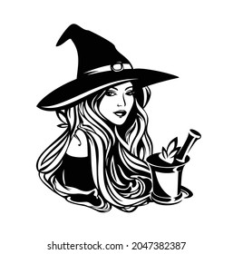 beautiful witch with long hair wearing traditional hat with mortar, pestle and medical herbs - alternative medicine healer black and white vector portrait