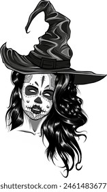 hermosa bruja con el pelo largo usando sombrero tradicional - halloween hechicera disfraz negro y blanco retrato de Vector