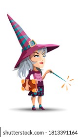 A beautiful witch in a long hat and with a book and a magic wand in her hand. Girl dressed as a with for Halloween. Cartoon vector character on white background. Isolated