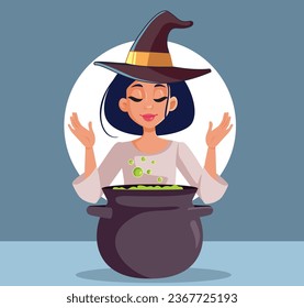 
Beautiful Witch Making a Magic Potion in a Cauldron Vector Cartoon. Beautiful woman practicing witchcraft preparing a magical elixir
