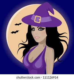 beautiful witch on a background of the moon