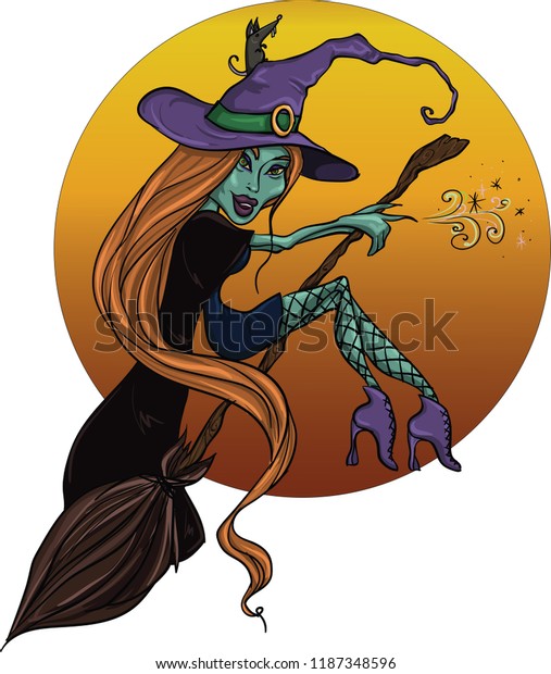 Beautiful Witch On Broom Stock Vector (Royalty Free) 1187348596