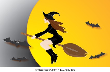Beautiful witch on broom and full moon,halloween night,vector illustration.