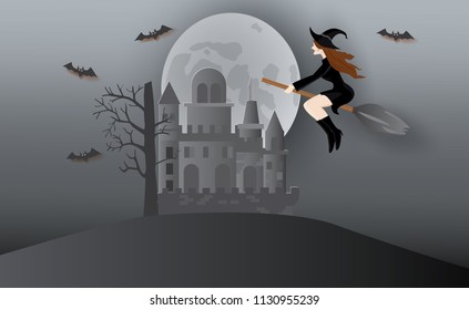 Beautiful witch on broom and haunted castle, halloween night, vector illustration.