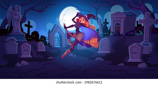 Beautiful Witch On Cemetery At Night. Redhead Woman In Spooky Hat Flying On Broom On Moon Background. Vector Cartoon Landscape With Graveyard And Girl In Magician Costume. Scary Halloween Illustration