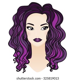 Beautiful witch portrait. Fashion girl with purple long hair. Vector EPS 10