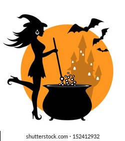beautiful witch prevents potion in a cauldron. In the background the castle. 