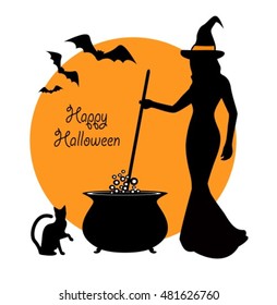 beautiful witch prevents potion in a cauldron. Sitting next to a witch and black cat flying bats