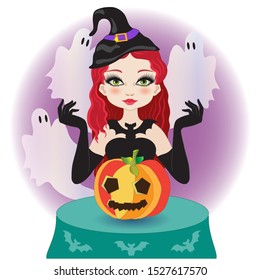 Beautiful witch with pumpkin and ghosts to celebrate halloween