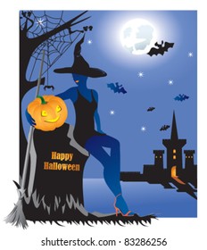 Beautiful witch with pumpkin in graveyard