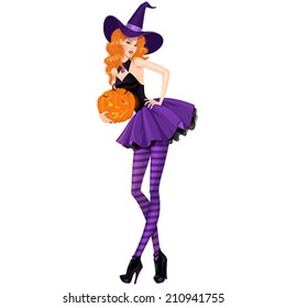 Beautiful witch with a  pumpkin ready for Halloween. Vector illustration.