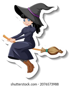 Beautiful witch ride broomstick cartoon character sticker illustration