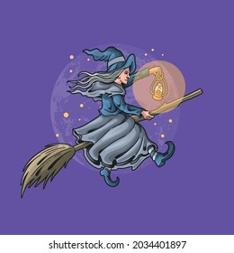 beautiful witch riding flying broom