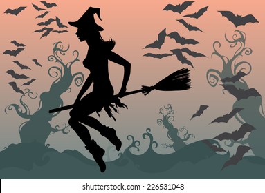 Beautiful witch silhouette and her bats flying on a broomstick isolated.