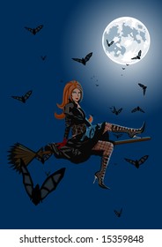 Beautiful witch sitting on broom on full moon background with lot of bats. Lot of details on costume and lingerie