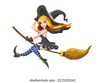 Beautiful Witch Sitting On The Broom Stock Illustration