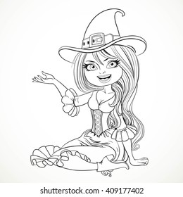 Beautiful witch sitting on the floor and shows the side outlined for coloring book 