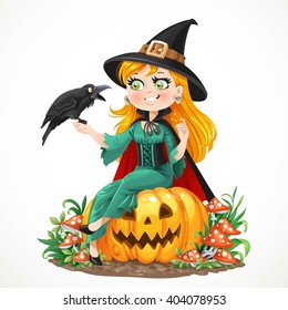 Beautiful witch sitting on a pumpkin and talks to the black raven isolated on white background