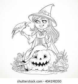 Beautiful witch sitting on a pumpkin and talks to the black raven outlined for coloring book isolated on white background