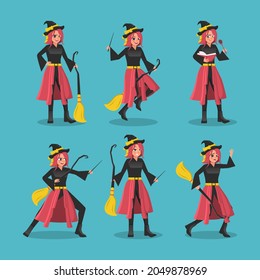 Beautiful witch in spooky hat and broom with different pose set
