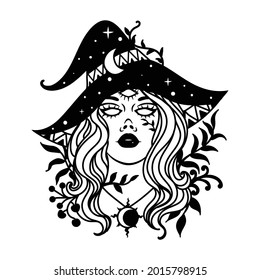 Beautiful witch with third eye for printing on product,engraving,coloring and so on. Vector illustration