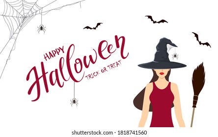 Beautiful witch with vampire teeth and black hat with spider and broom. Lettering Happy Halloween and pretty lady and bats. Illustration for Holiday in flat cartoon style isolated on white background.