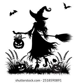 A beautiful Witch walking in the garden with two bats and evil pumpkins on the ground. Silhouette vector illustration for Halloween.