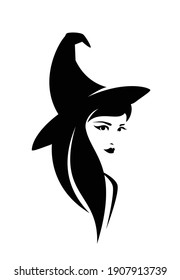 beautiful witch wearing traditional hat - halloween costume black and white vector portrait