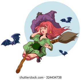 Beautiful witch woman flying on broomstick. Halloween story. Illustration in vector format