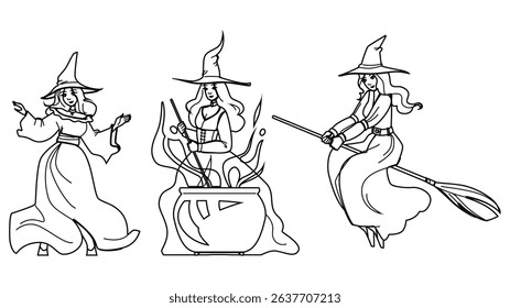 beautiful witch woman vector. fantasy halloween, fashion hair, nature beauty beautiful witch woman character. people black line pencil drawing illustration