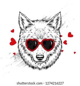 Beautiful wolf or dog with glasses in shape of heart. Vector illustration for postcard, print on clothes. Fashion & Style.