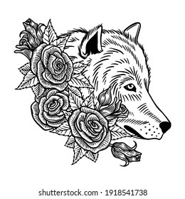 A beautiful wolf or dog in a wreath of wild rose. Vector illustration for postcard or poster, print for clothes. Spring and summer, a bouquet of flowers.