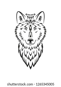 Beautiful wolf head black line tattoo vector illustration. Wild wolf symbol for print isolated on white background