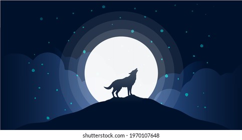 Beautiful wolf landscape in navy blue nightsky with glowing moon vector landscape forest