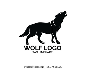  Lobo bonito silhueta ícone logotipo. Sinal de predador uivando. Símbolo de canino selvagem. Ilustração vetorial e fundo branco.