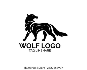  Lobo bonito silhueta ícone logotipo. Sinal de predador uivando. Símbolo de canino selvagem. Ilustração vetorial e fundo branco.