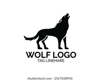  Icono de logotipo de silueta de lobo hermoso. Signo de depredador aullando. Símbolo de animal canino salvaje. Ilustración vectorial y fondo blanco.