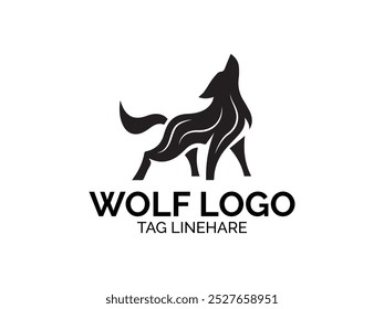  Lobo bonito silhueta ícone logotipo. Sinal de predador uivando. Símbolo de canino selvagem. Ilustração vetorial e fundo branco.