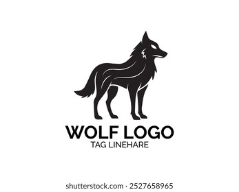  Lobo bonito silhueta ícone logotipo. Sinal de predador uivando. Símbolo de canino selvagem. Ilustração vetorial e fundo branco.