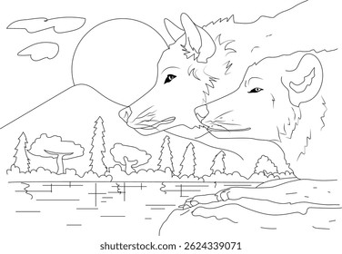 Lindos lobos na paisagem selvagem Line Art, ilustração de arte de linha com dois lindos lobos lado a lado, olhando sobre uma serena floresta ou paisagem florestal com montanhas, árvores e