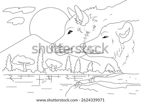 Beautiful Wolves in the Wild Landscape Line Art, Line art illustration featuring two beautiful wolves side-by-side, gazing out over a serene jungle or forest landscape with mountains, trees, and
