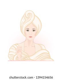 Beautiful woman 30-39 or 40-49 woman with a towel on her head. Hand drawn portrait,  vector line art illustration.