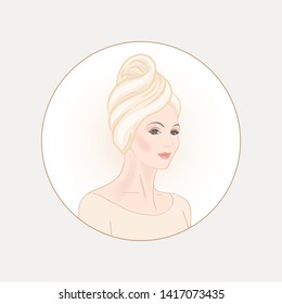 Beautiful woman 30-39 or 40-49 woman with a towel on her head. Hand drawn portrait,  vector line art illustration in a circle.