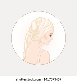 Beautiful woman 30-39 or 40-49 woman with a towel on her head. Hand drawn portrait,  vector line art illustration in a circle.