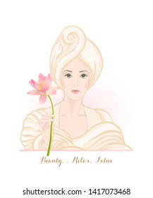 Beautiful woman 30-39 or 40-49 woman with a towel on her head and lotus flower in hand. Hand drawn portrait,  vector line art illustration.