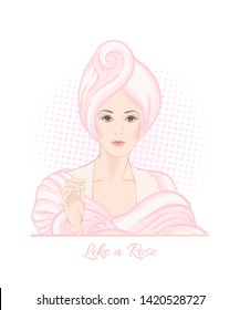 Beautiful woman 30-39 or 40-49 woman with a towel on her head. Hand drawn portrait,  vector line art illustration in pink colors.