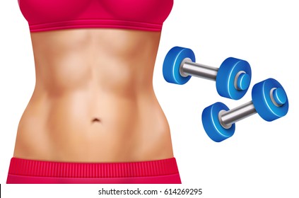 Beautiful woman abs and two dumbbells realistic set isolated on white background vector illustration