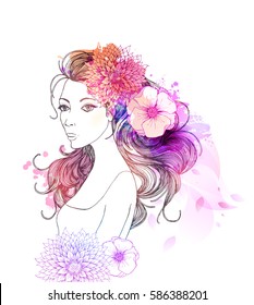 Beautiful Woman With Abstract Colorful Flowers.