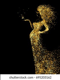 Beautiful Woman abstract figure formed by gold color particles on the black background. Bright banner with beautiful glamour girl with hair down and in fashion dress.