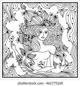 Beautiful woman with abstract hair with floral design. Coloring book anti stress for adults. Vector illustration. Black and white in zentangle style.